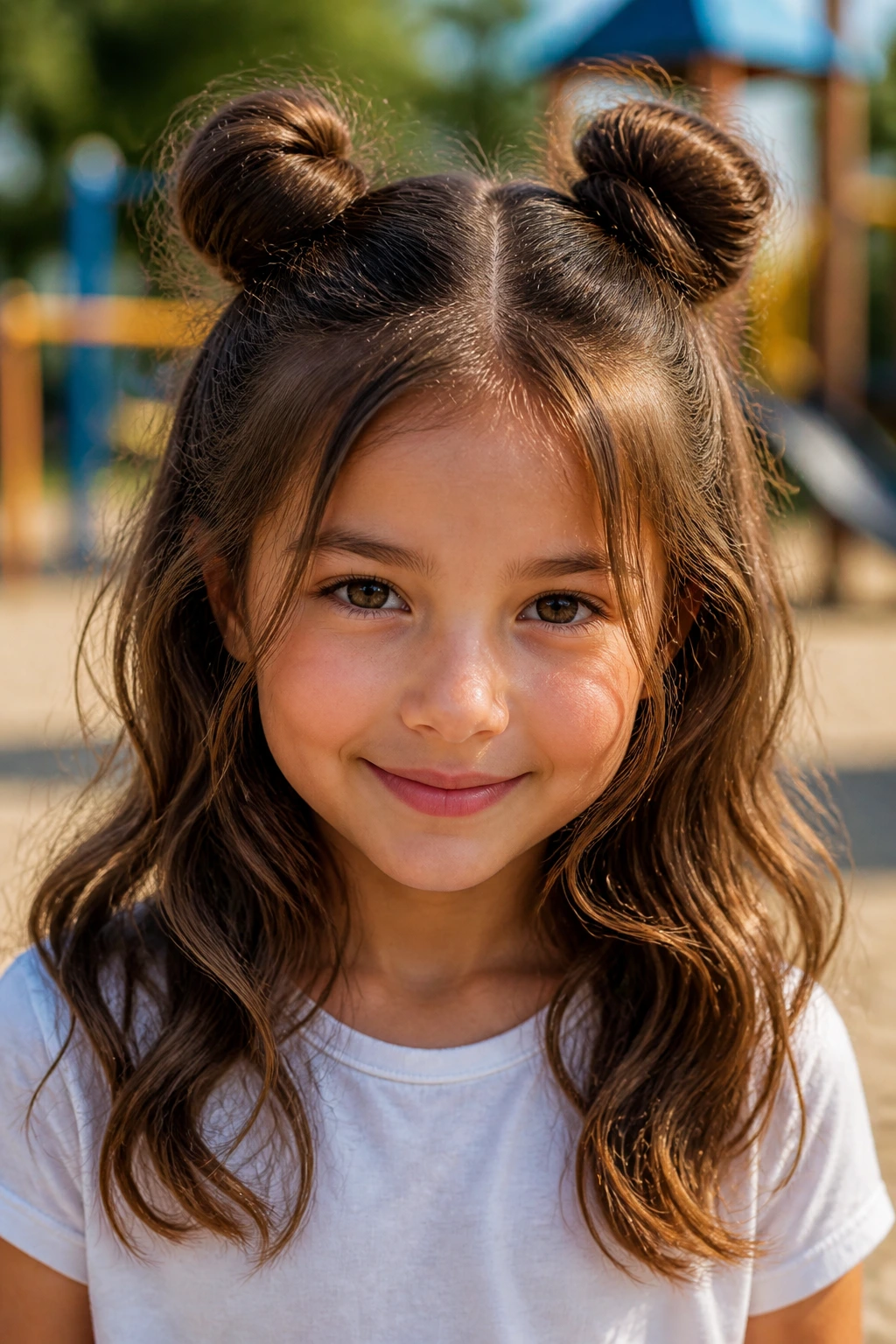 Close-up of a child with two space buns and loose ends in an outdoor setting