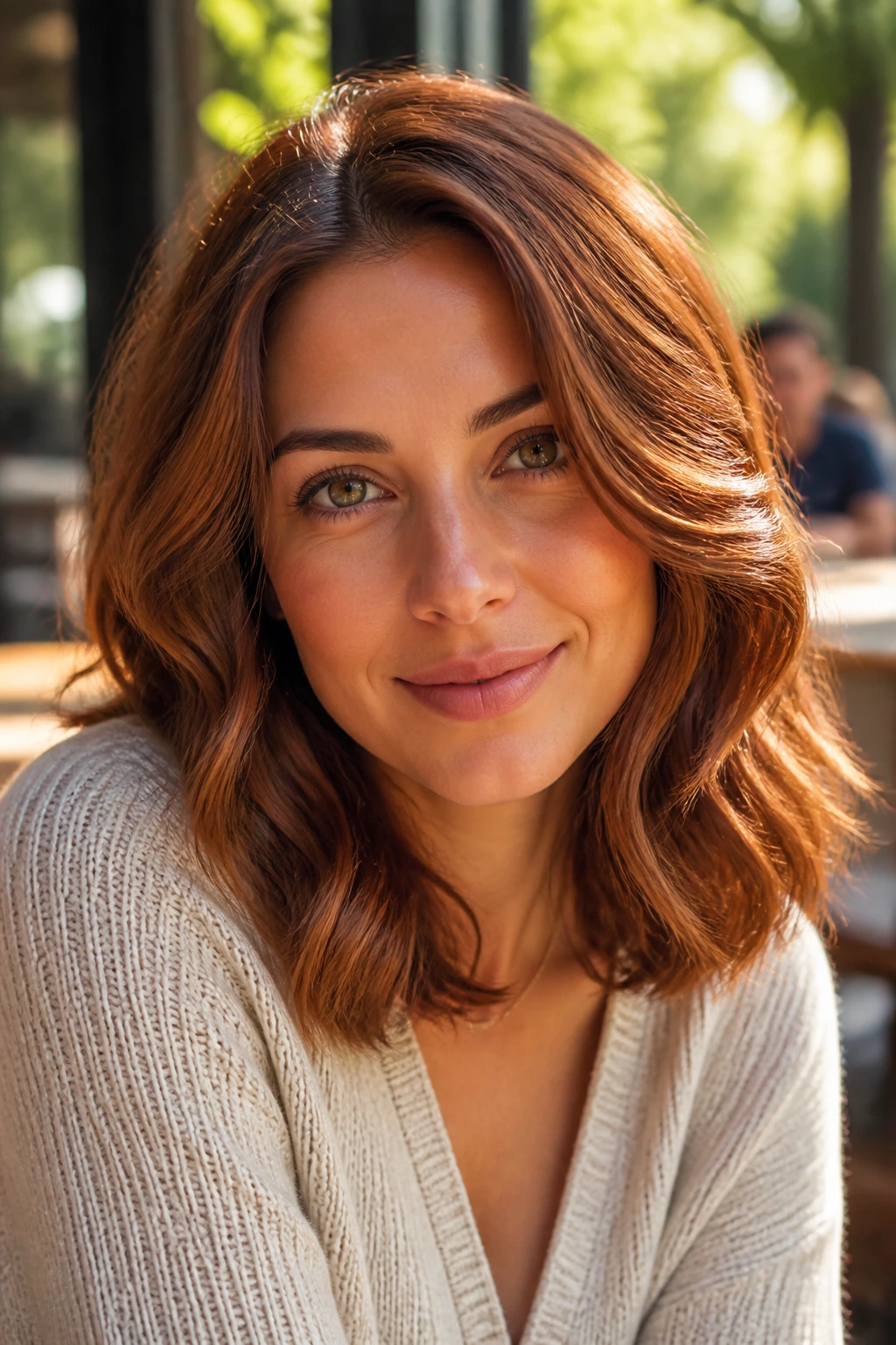 Close-up of shoulder-length spiced auburn brown hair on a real woman