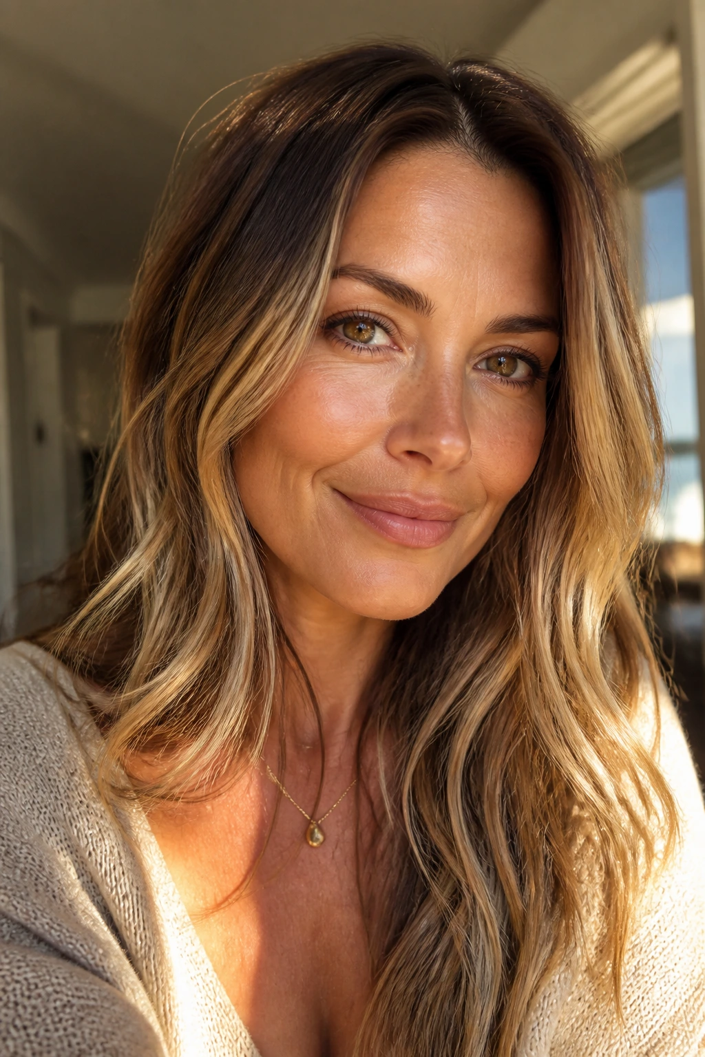 Close-up portrait of a woman with spiced bronde hair under warm golden hour light