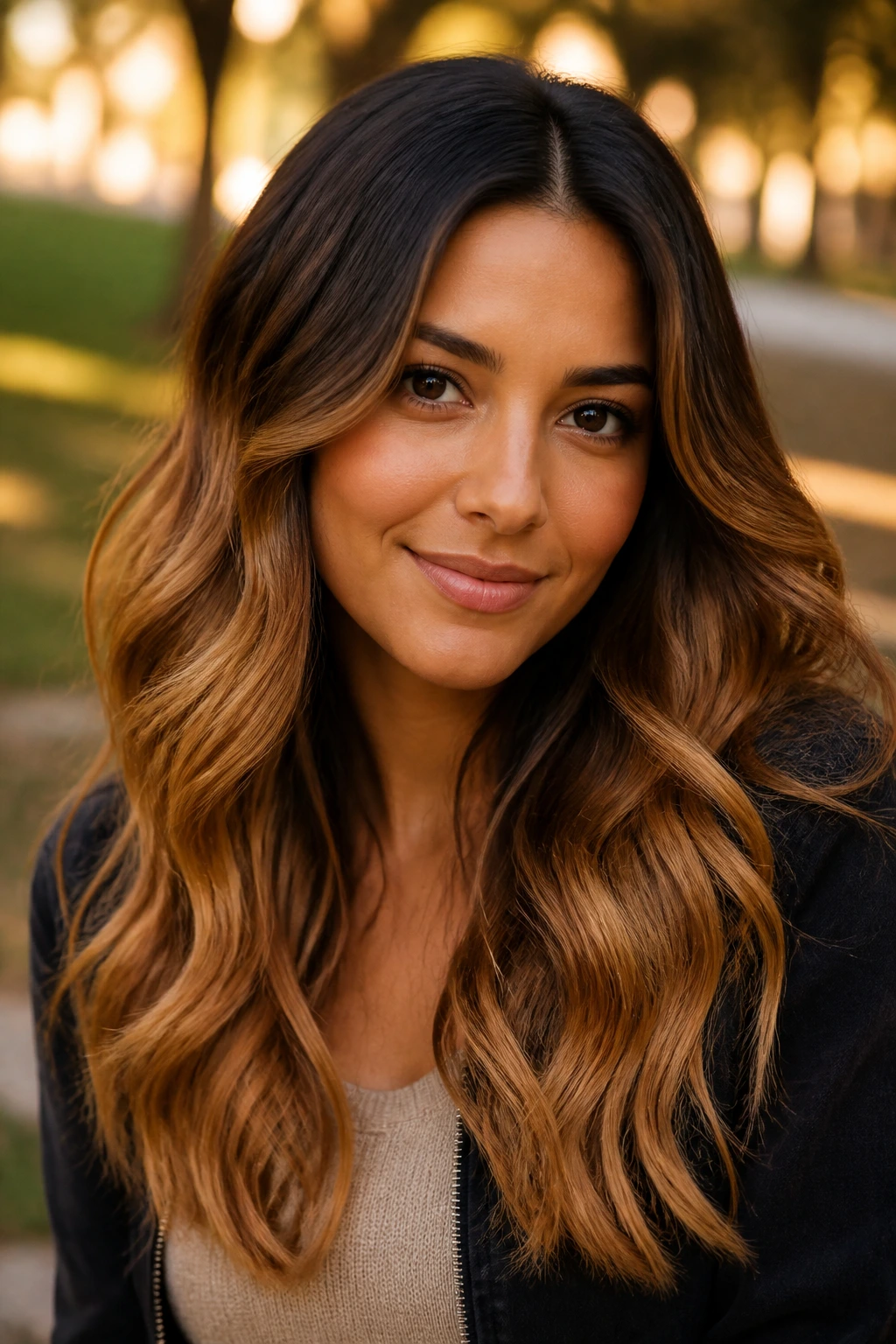 Medium close-up of a real person with Spiced Caramel Ombré hair showing root-to-end gradient.