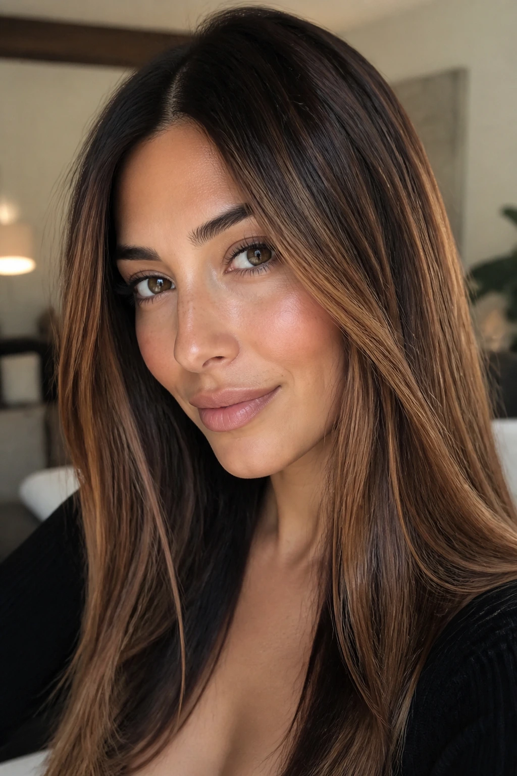 Close-up portrait of a real woman with spiced chestnut contour highlights around the face