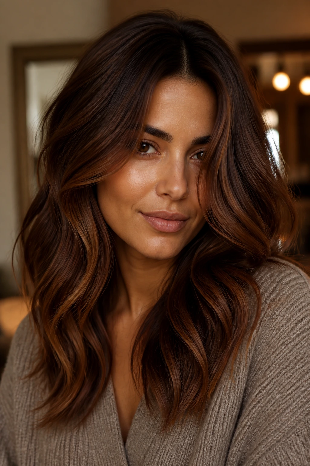 Close-up of brunette hair with spiced chestnut glow on olive-warm skin