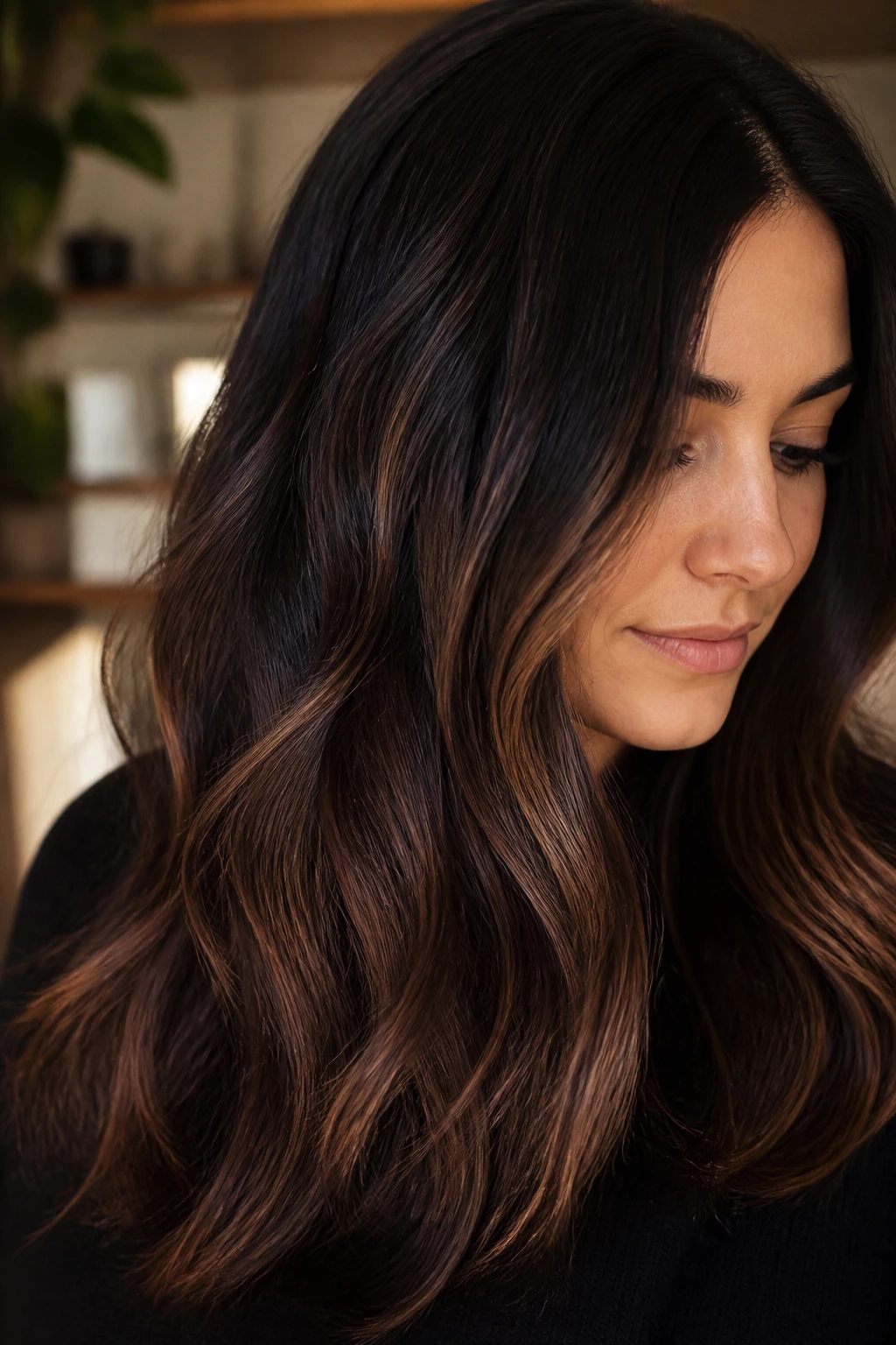 Close-up of dark hair with barely-there spiced cocoa balayage lift