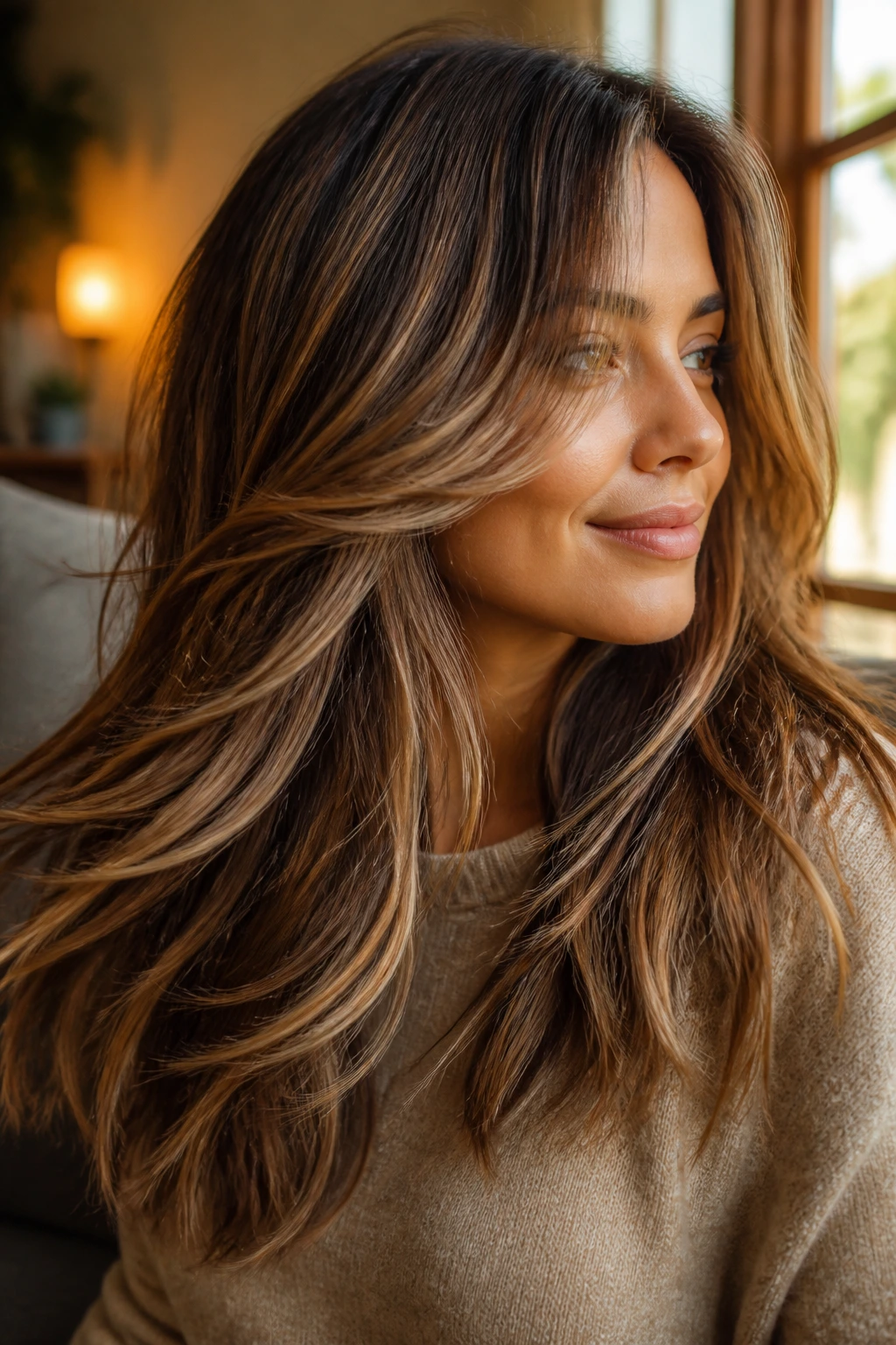 Close-up of a real woman with Spiced Latte Layers balayage featuring milk-chocolate and cinnamon ribbons