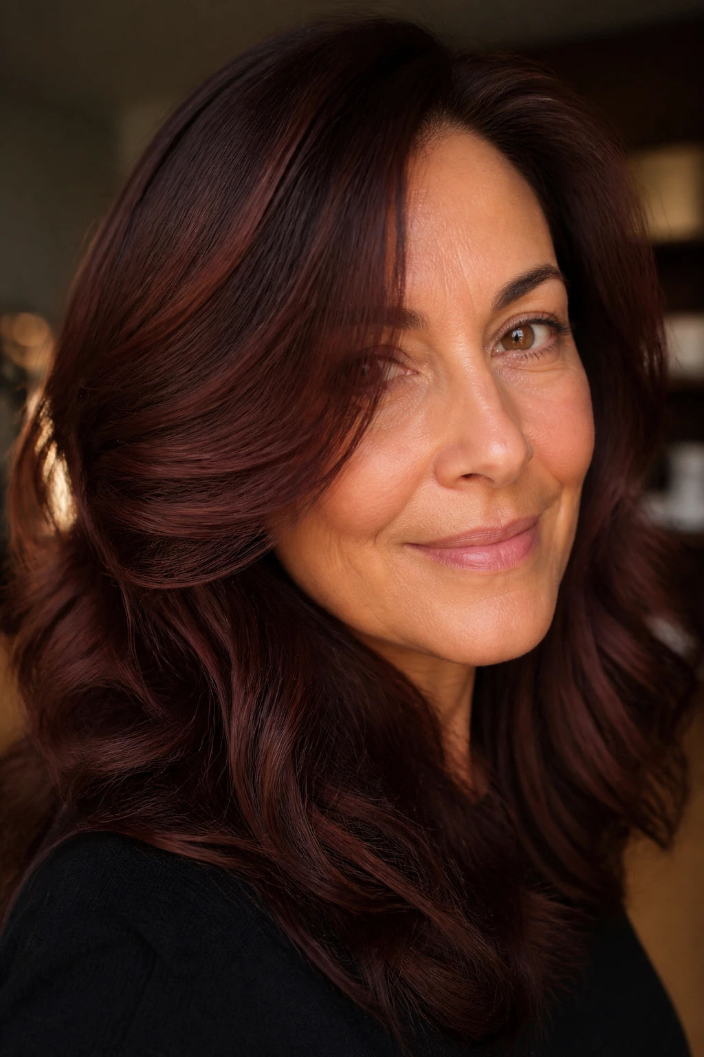 Close-up of real person with spiced mahogany hair color