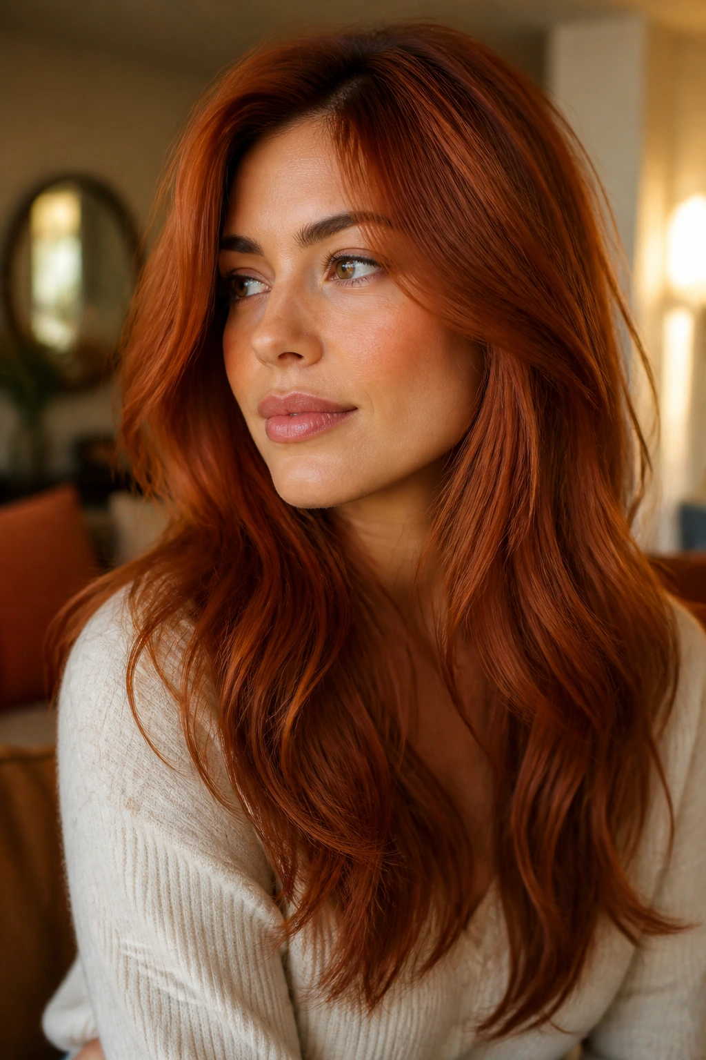Close-up portrait of a real woman with spiced marmalade red hair