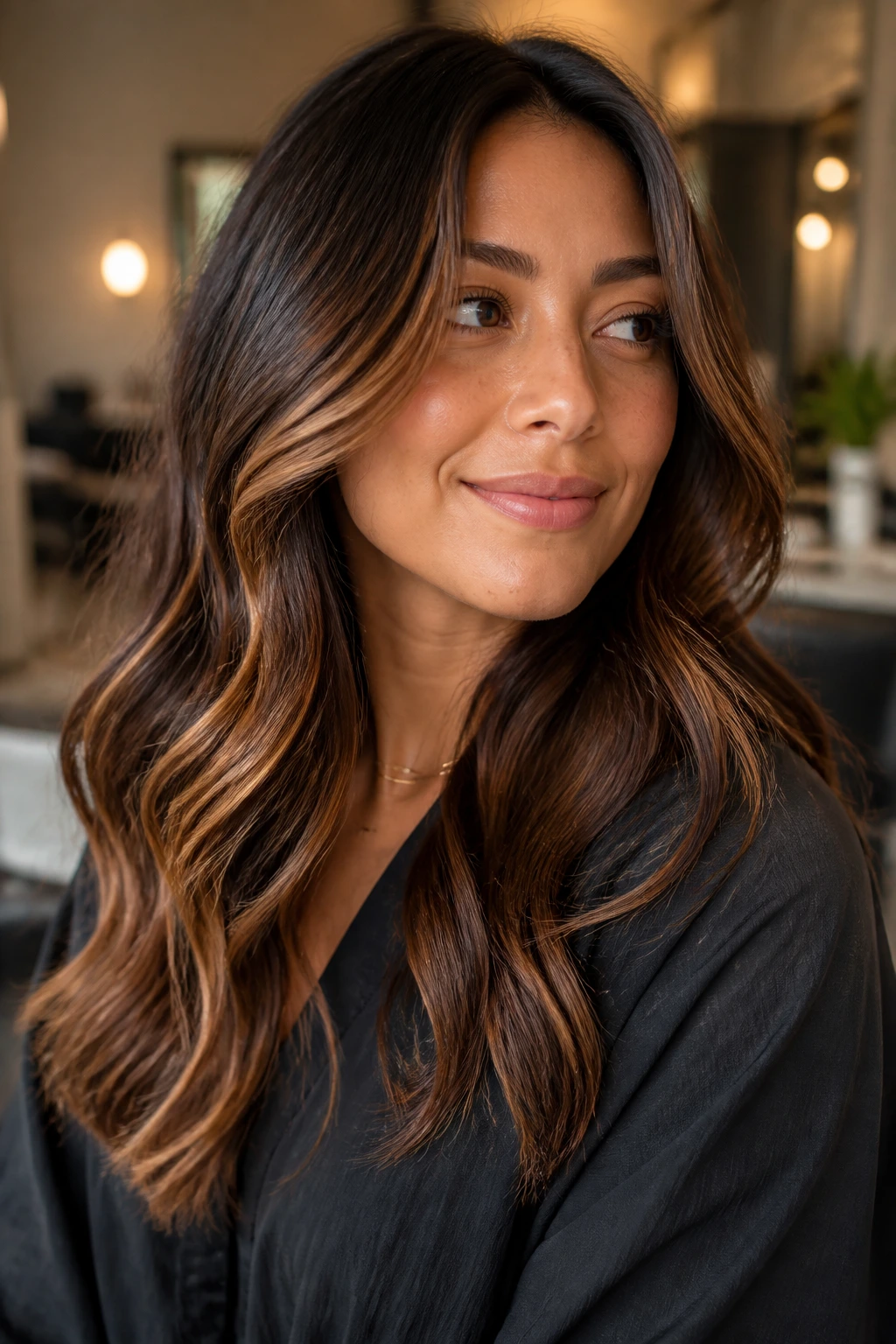 Close-up of real woman with spiced mocha balayage showing dimensional ribbons