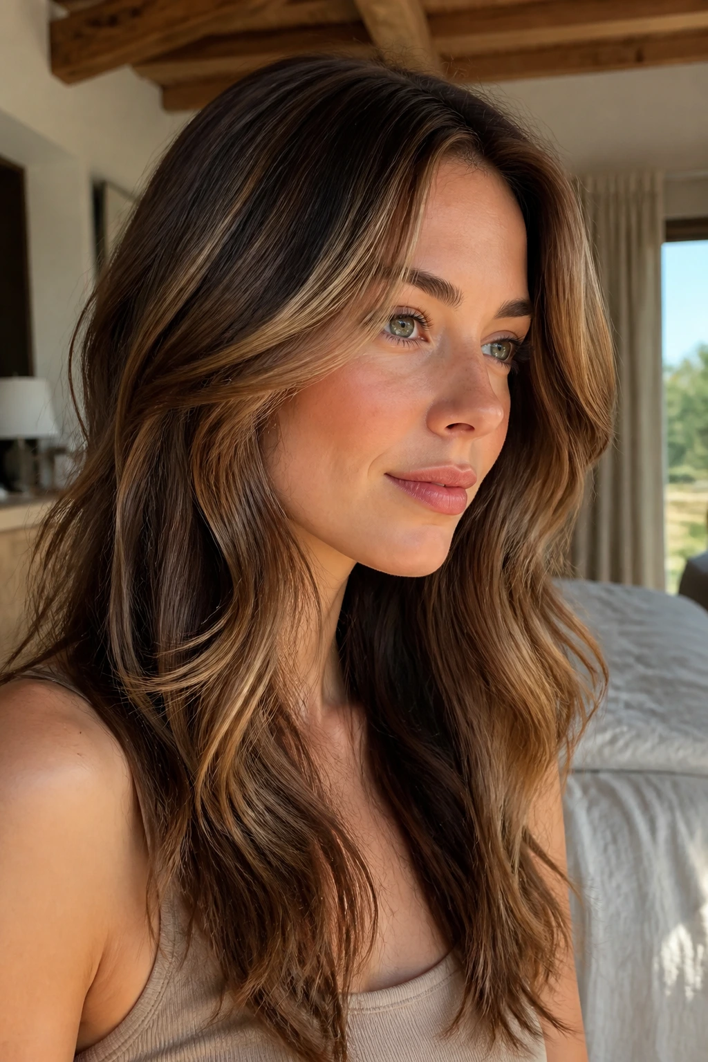 Close-up of a woman with dimensional caramel panels in spiced mocha hair