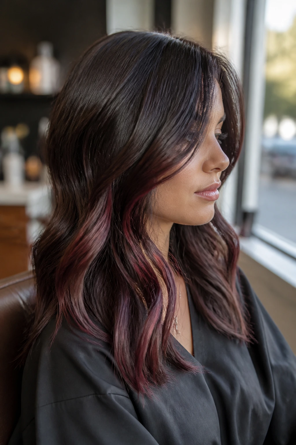 Close-up portrait of brunette hair with spiced plum panels visible in cool-red highlights by natural window light