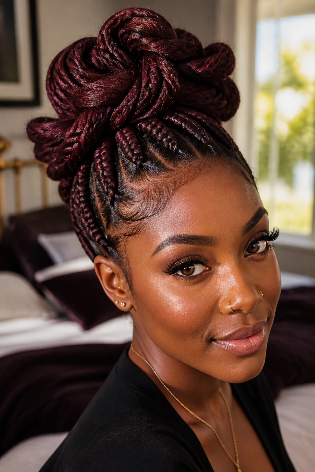 Close-up of a real woman with a spiced plum updo in warm light