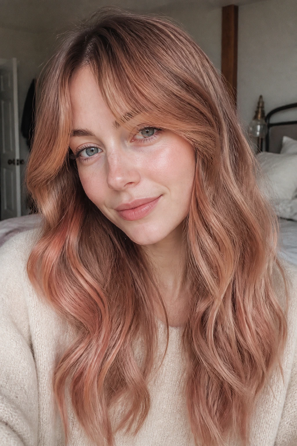 Close-up portrait of a real woman with curtain bangs and spiced rose strawberry hair