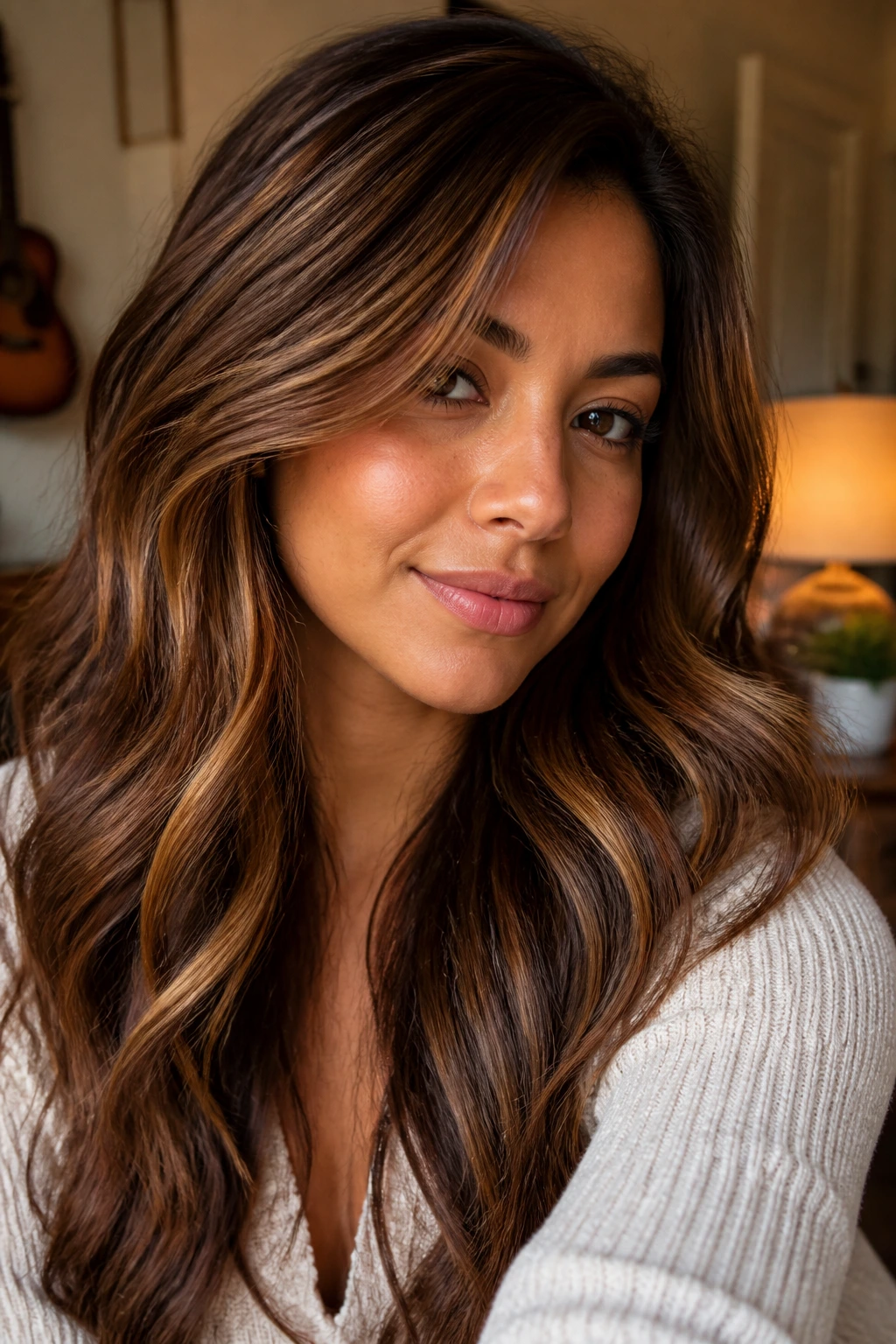 Woman with spiced toffee lowlights blending brown and red warmth.