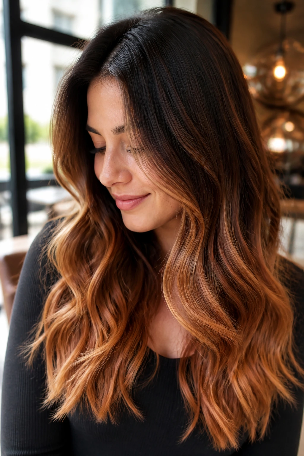 Close-up portrait of a real woman with spiced toffee ombré in long brunette hair