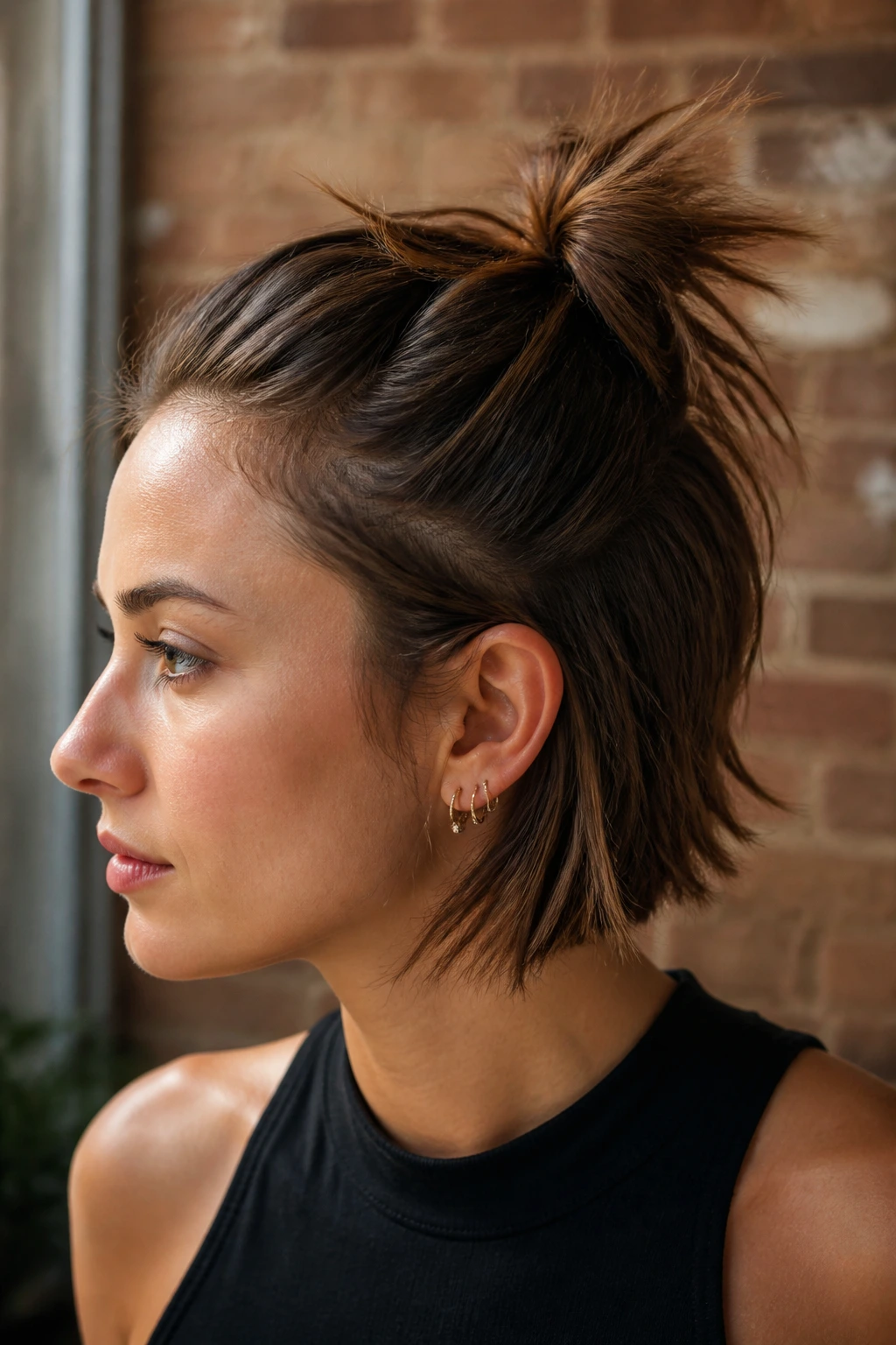 Close-up of a short-haired user with a small spiky bun and protruding ends