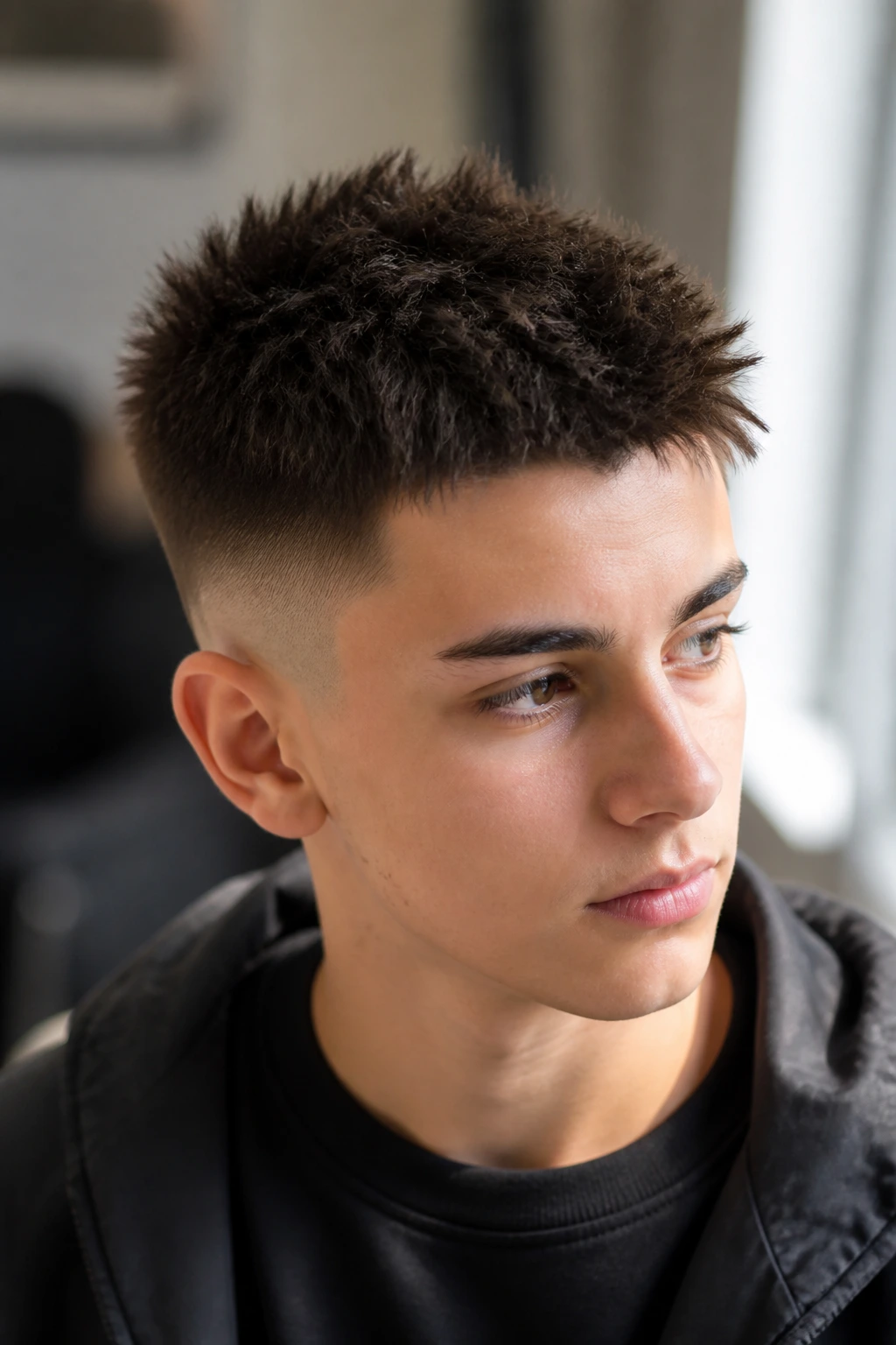 Close-up of a real boy with a spiky crop and fade in bright indoor light