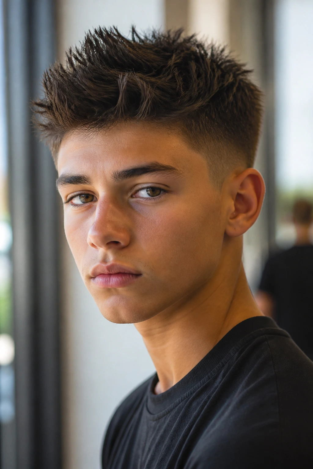 Close-up portrait of a teen with a spiky crop and fade hairstyle