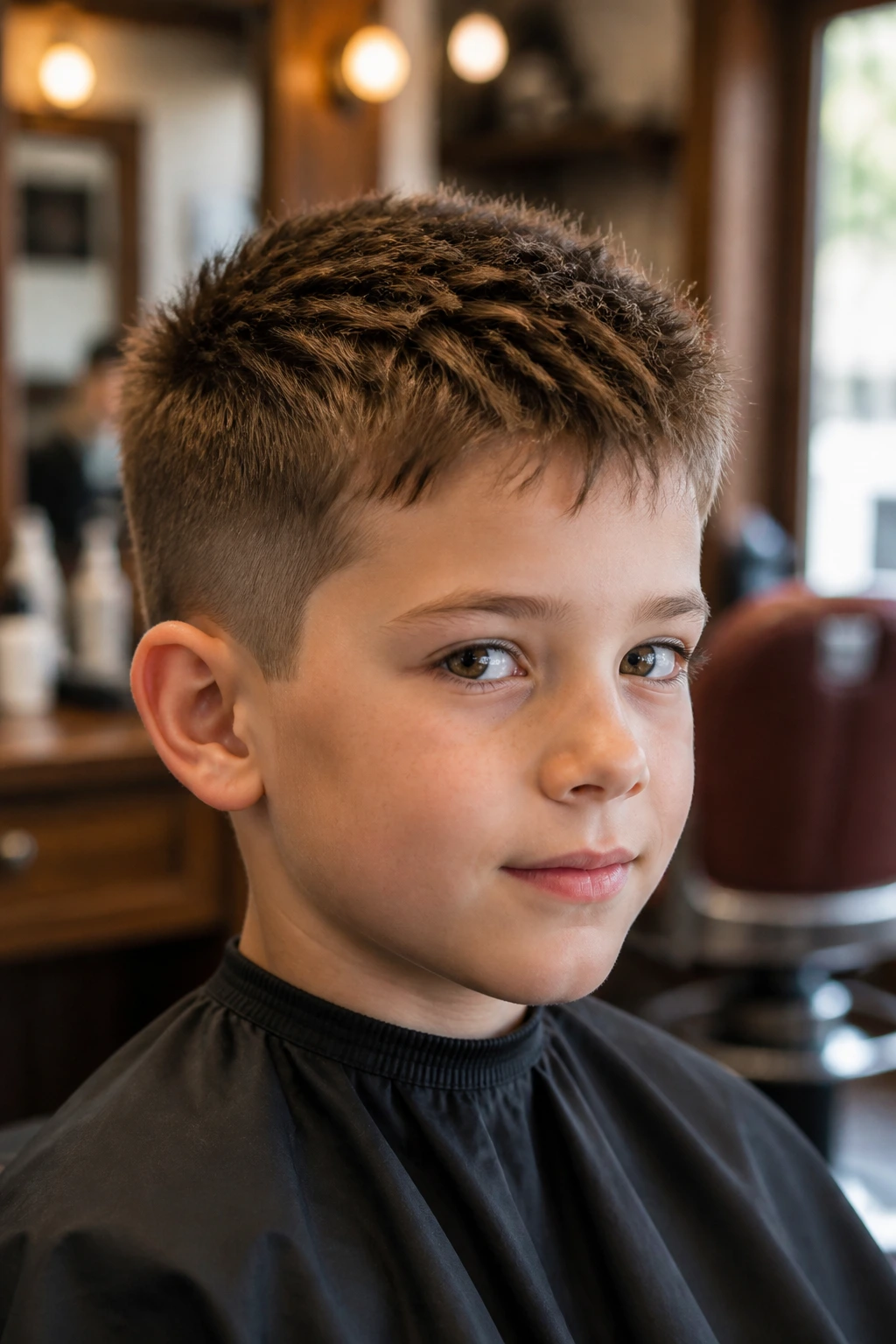 Real boy with spiky crop and forward texture in a barbershop.