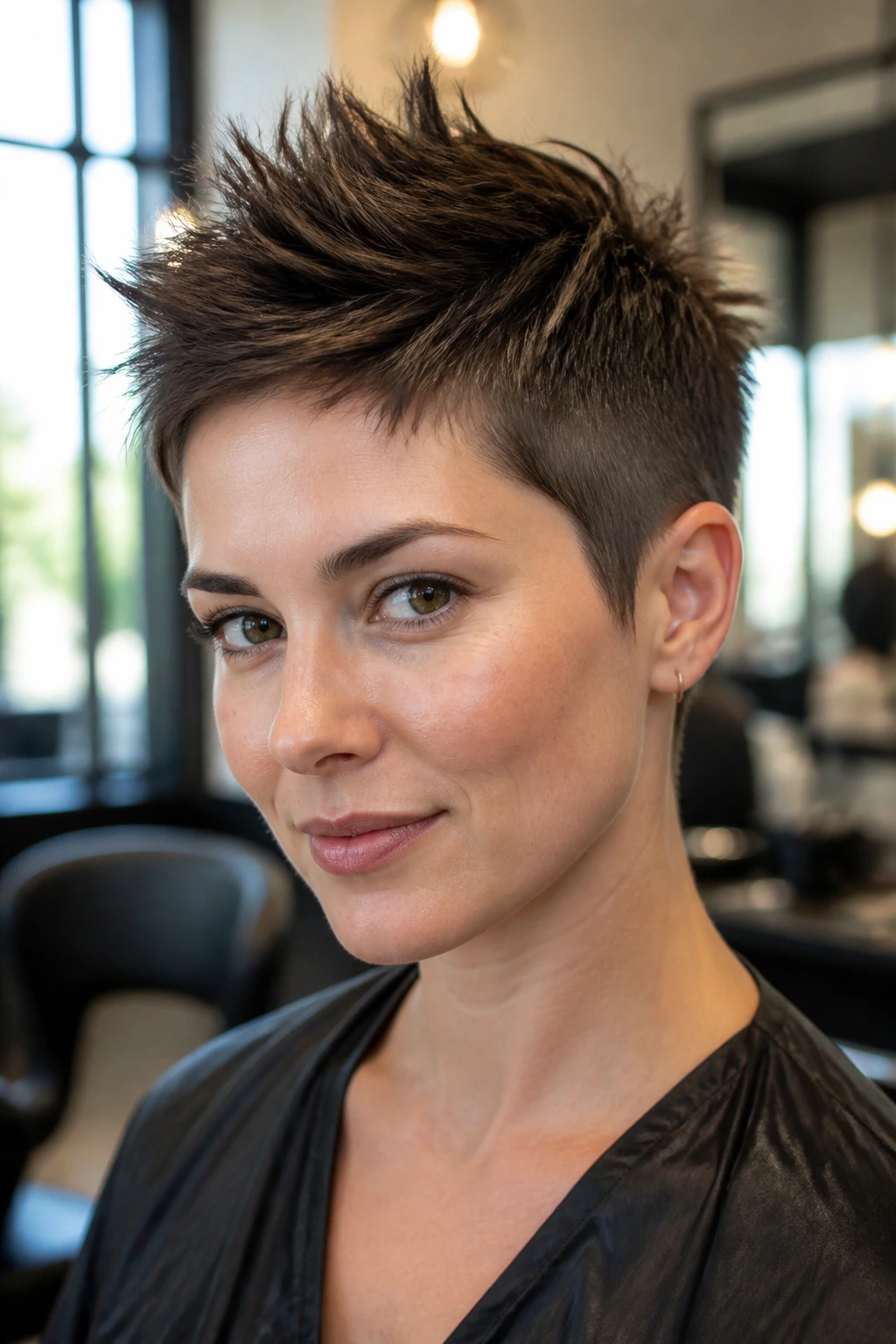 Close-up portrait of a real person with a spiky crown crop hairstyle featuring upward spikes and tapered sides