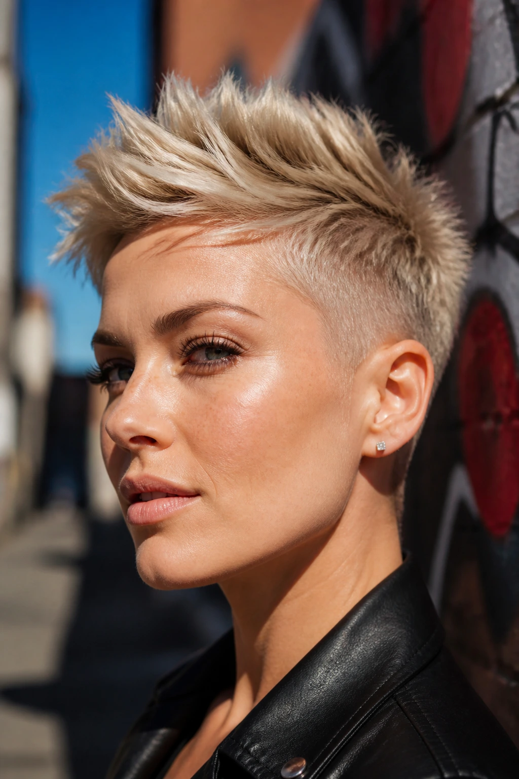 Close-up of a person with spiky blonde pixie and tapered sides.