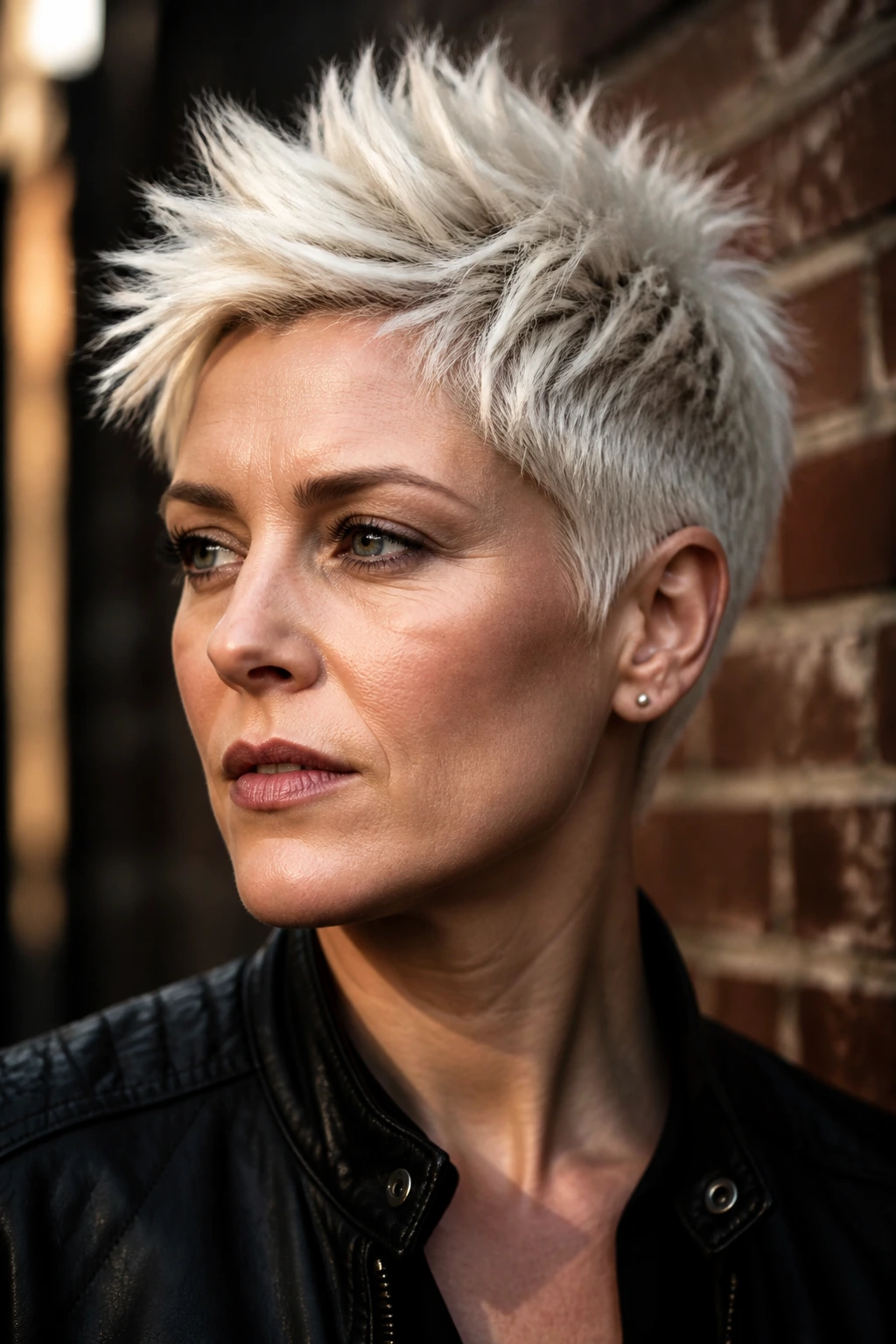 Real woman with spiky platinum pixie and textured pieces.