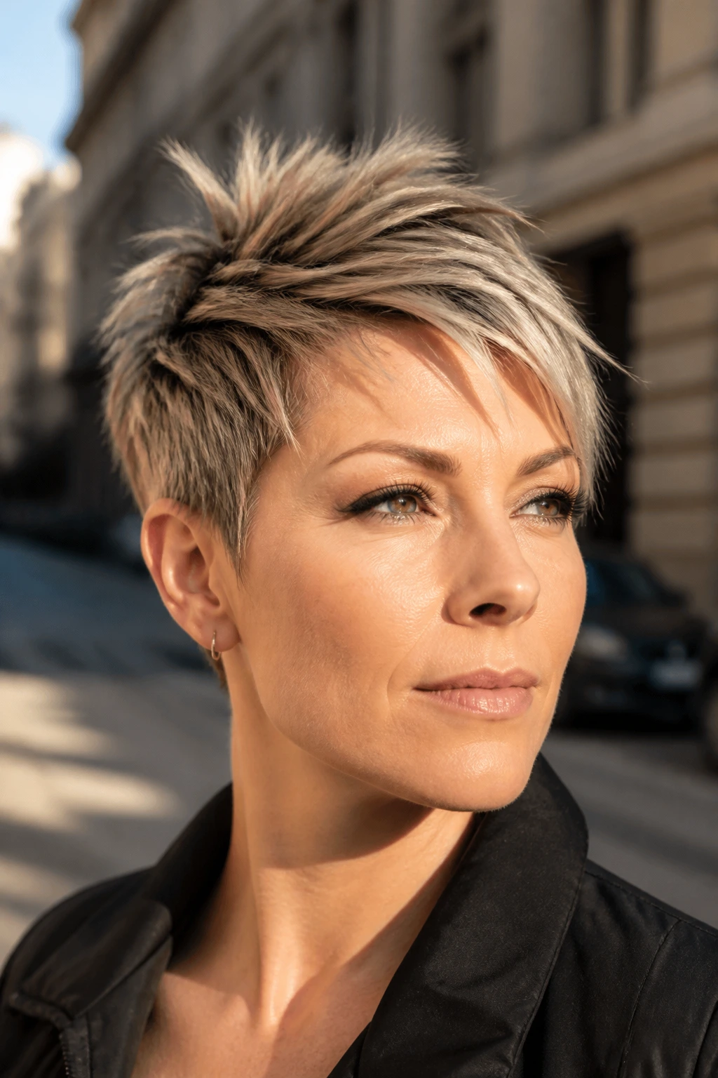Close-up of real person with top-spiked textured pixie hairstyle.