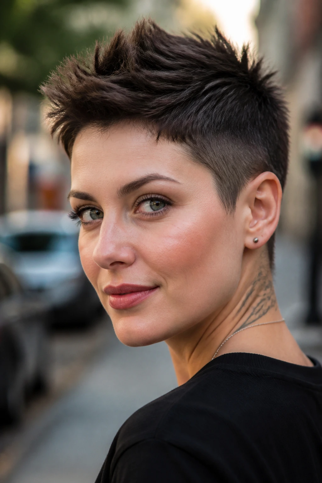 Close-up of a real person with a spiky textured crop on thick hair.