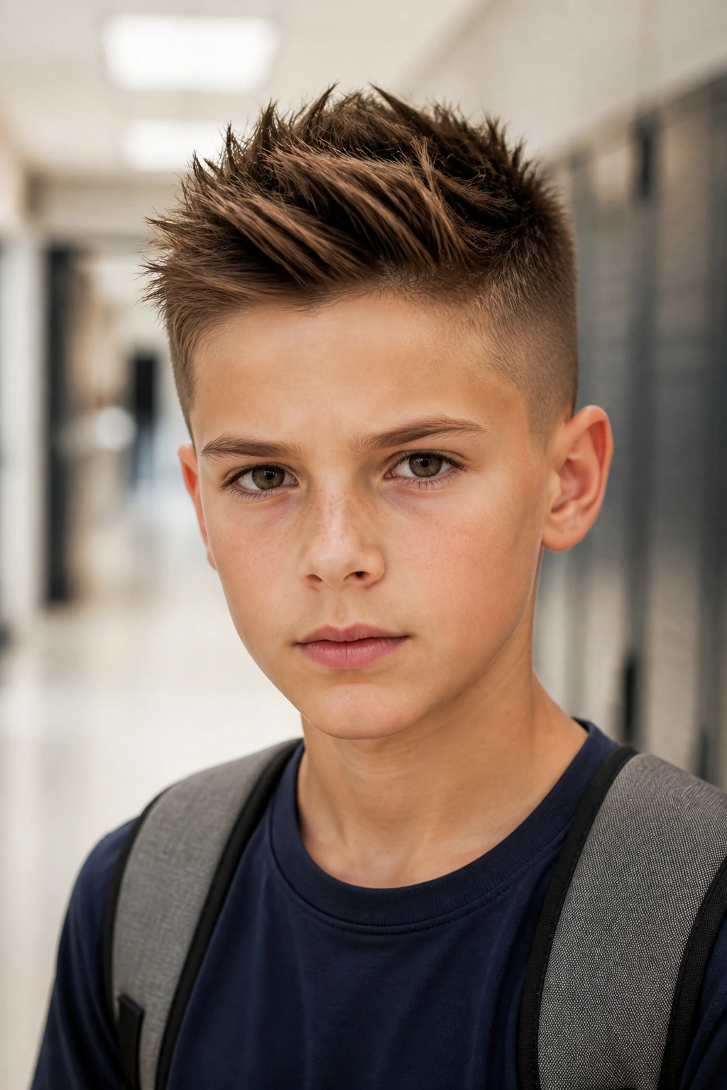 Close-up portrait of a real boy with a spiky school-ready undercut in a hallway