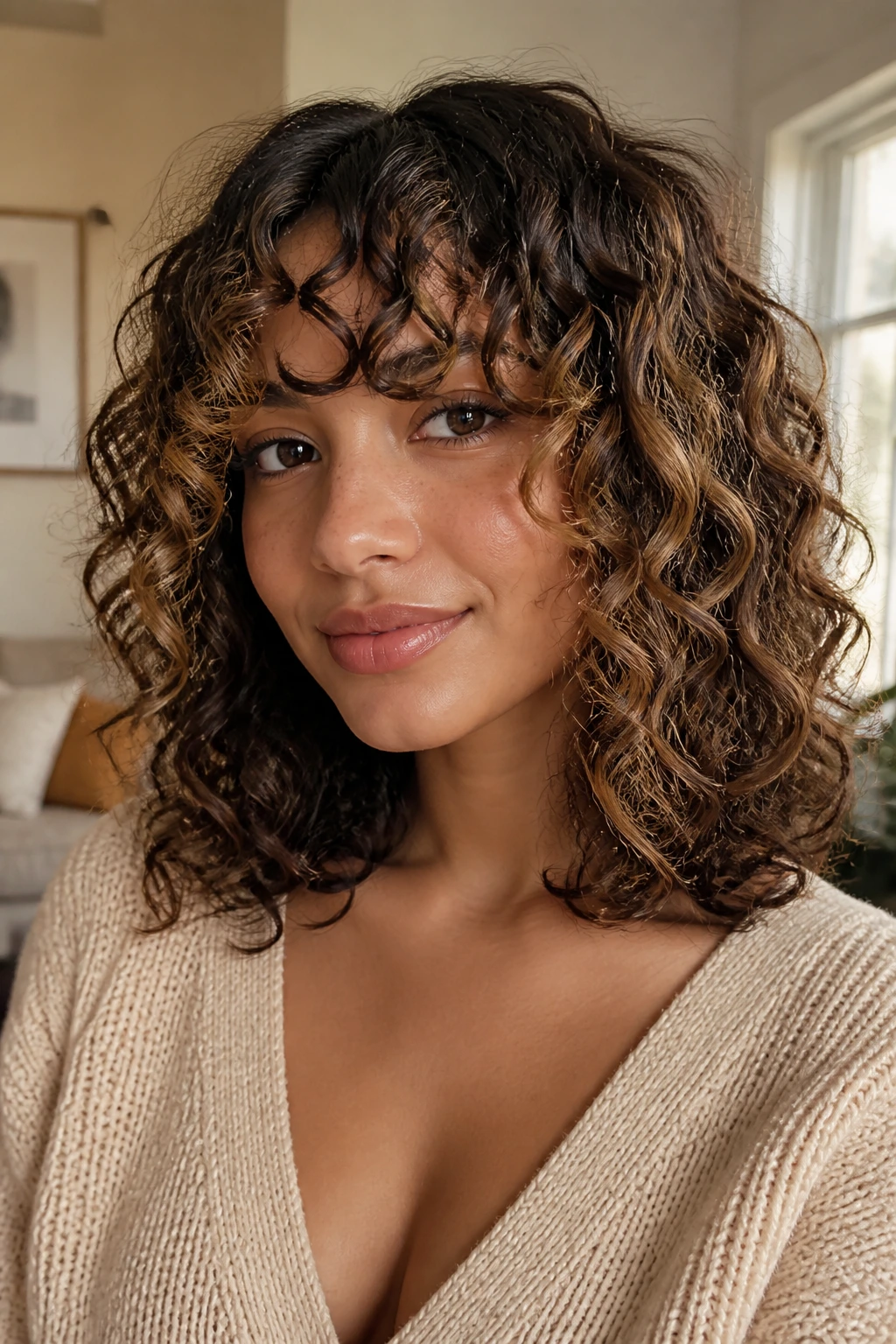 Real woman with shoulder-length spiral bangs and toffee highlights framing her face.