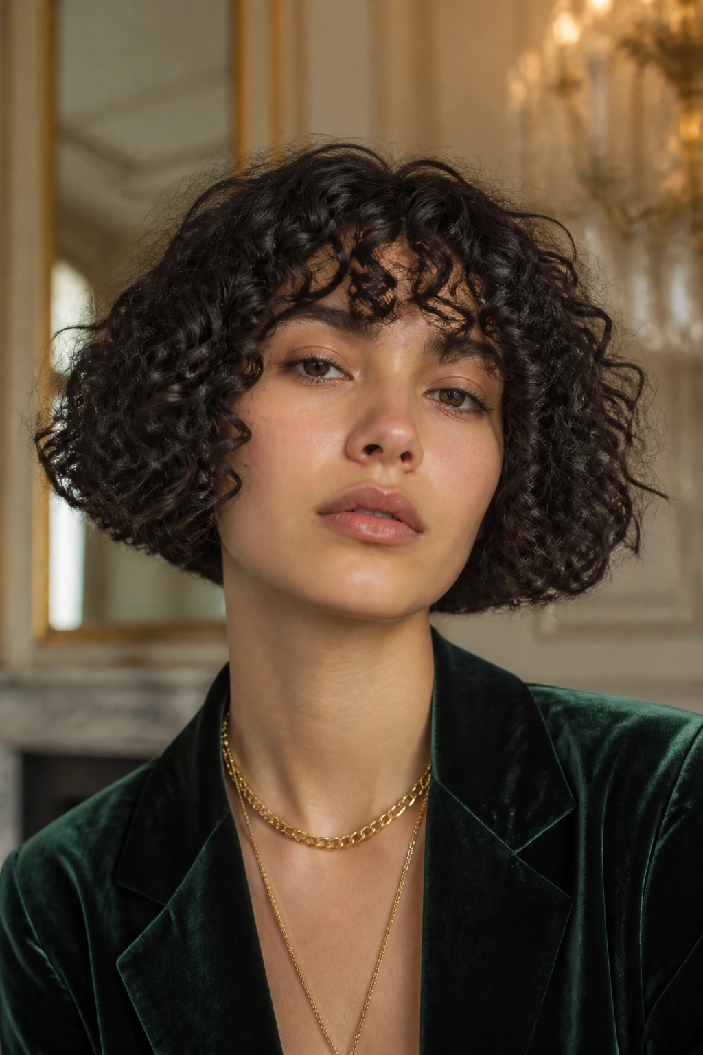 Close-up of a real person with a defined spiral bob and blunt ends
