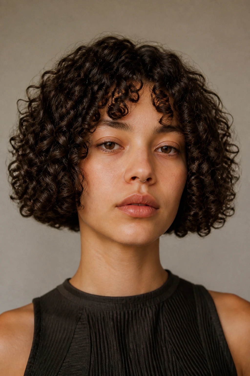 Real person with a defined spiral bob and blunt ends, portrait in a soft salon light