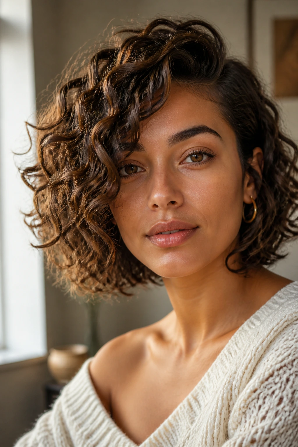 Portrait of a person with a deep-side-part spiral bob