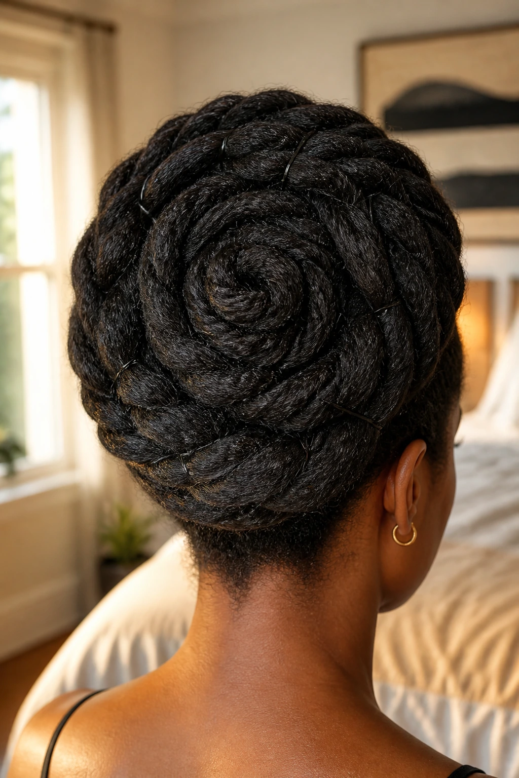 Back-of-head close-up of a real woman showing a sculpted spiral bun made from thick hair