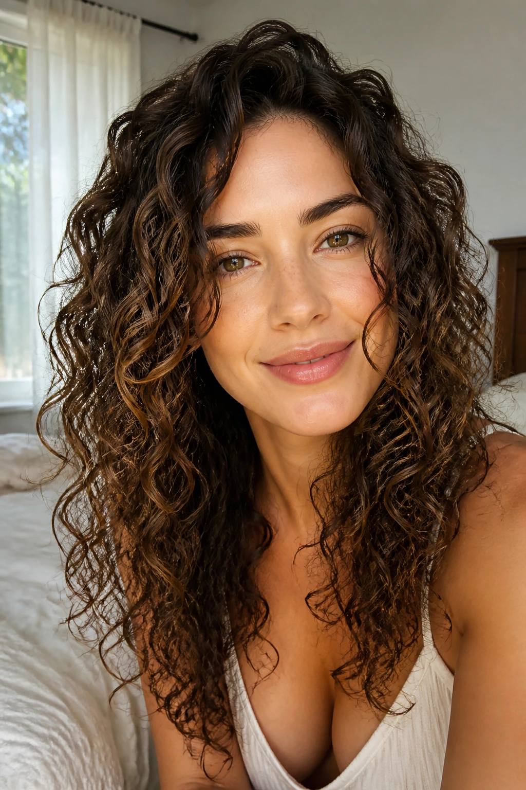 Close-up portrait of a woman with defined spiral curls and air-dried finish