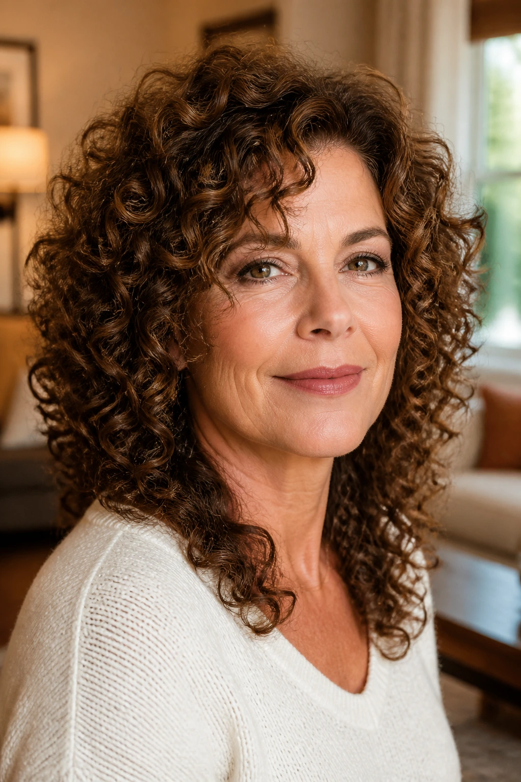 Close-up of a real woman with spiral curls and internal layering for bounce in a cozy living room