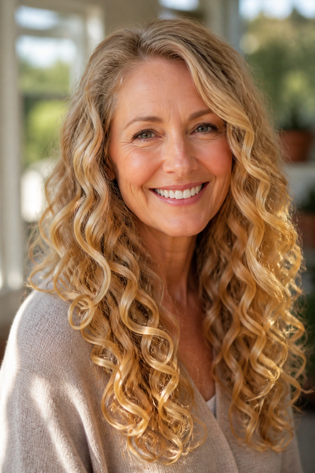 Portrait of a real woman with long spiral curls in warm honey tones