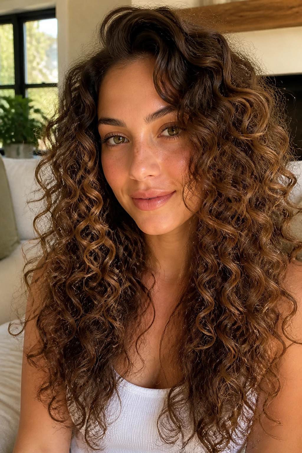 Close-up portrait of a woman with spiral curls and long layers framing her cheeks