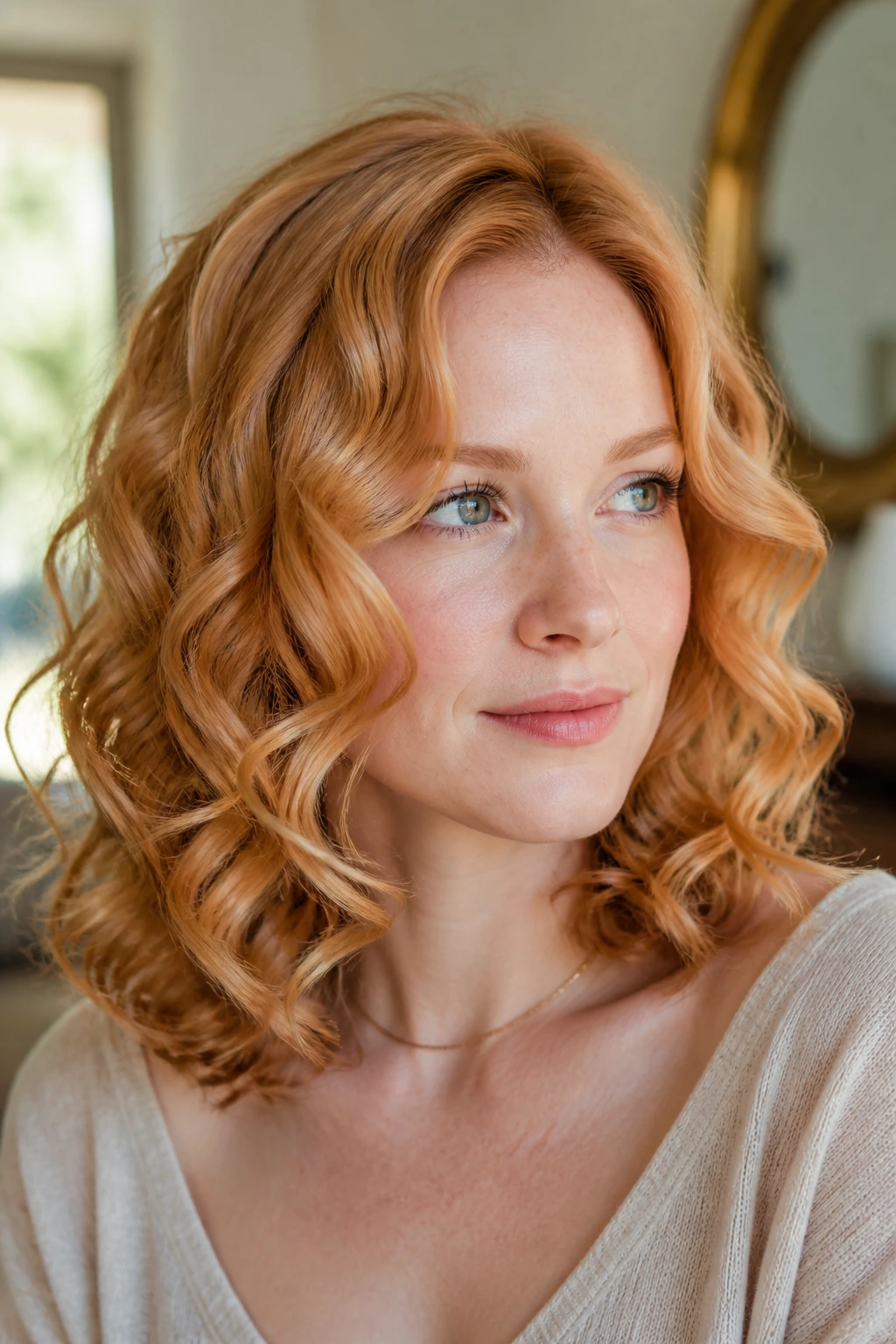 Close-up portrait of a real woman with soft spiral curls on mid-length strawberry blonde hair.