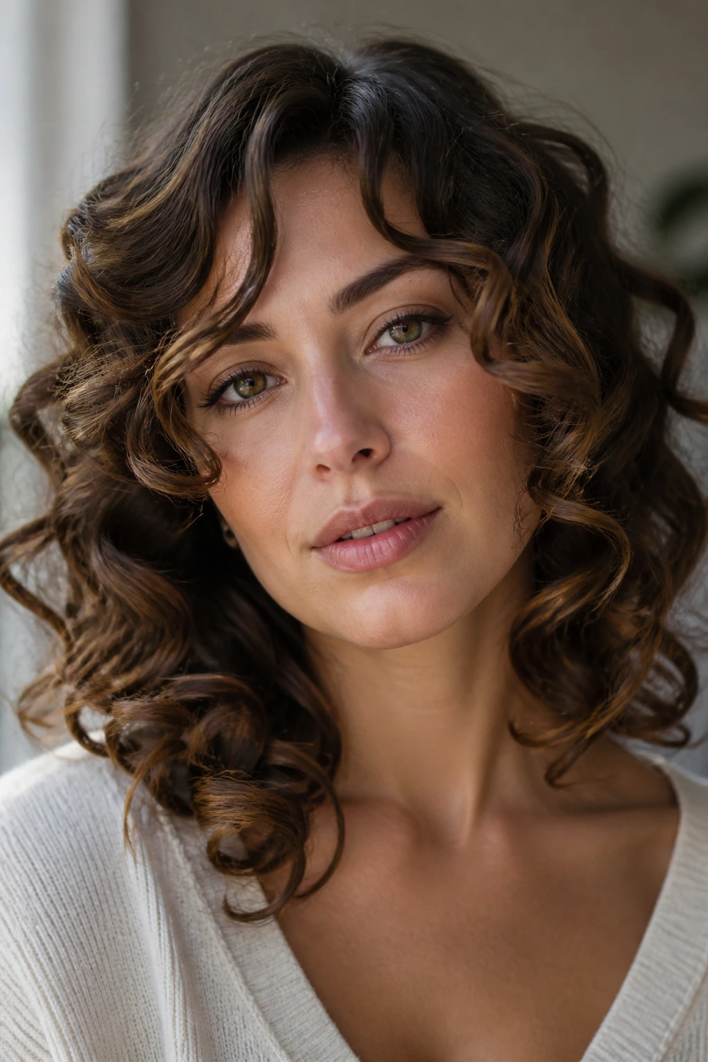 Portrait of a woman with face-framing spiral curls around the cheeks and jaw.