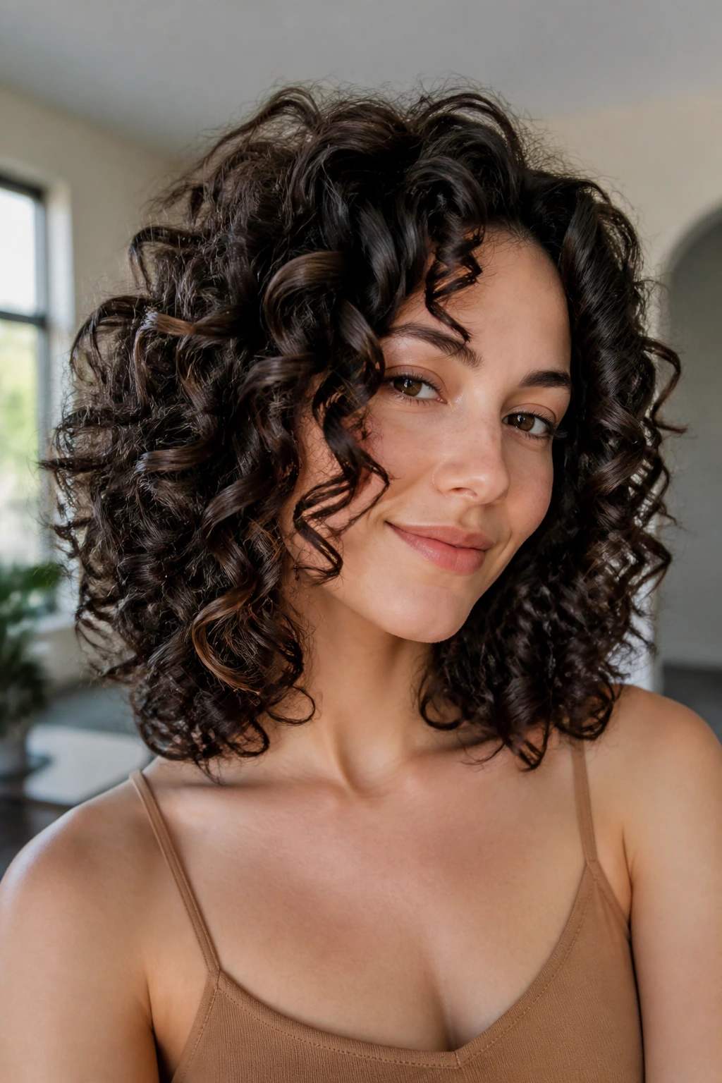 Defined spiral curls with airy layer separation on shoulder-length hair