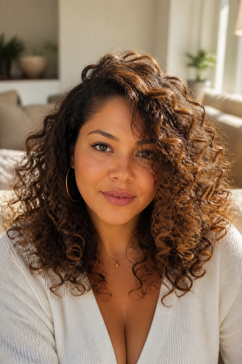 Real woman with spiral curl layers and stretching side part