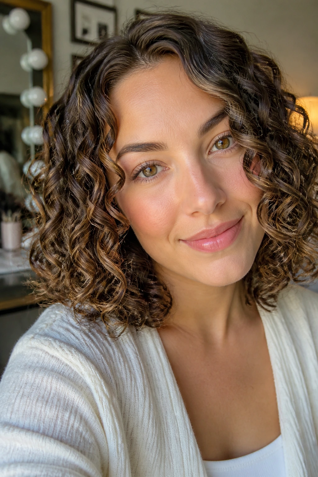 Real woman with soft spiral curls in natural light.