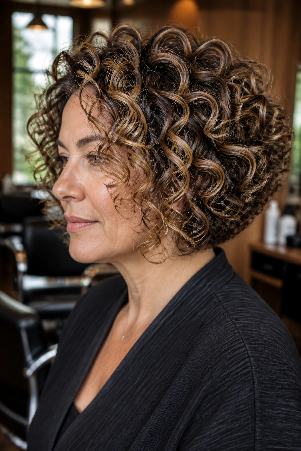 Close-up of a real woman with spiral-defined precision bob and babylights outlining curls
