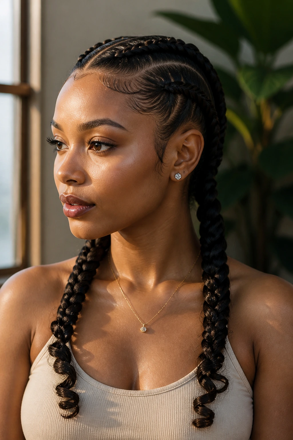 Close-up of a real woman with spiral-end twin French braids