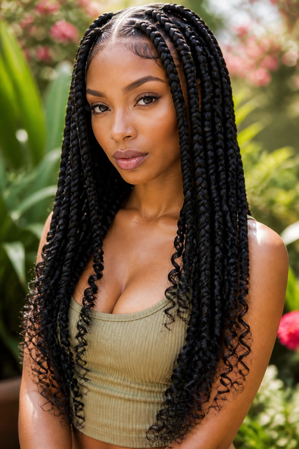 Close-up of a real woman with spiral-ended jumbo braids