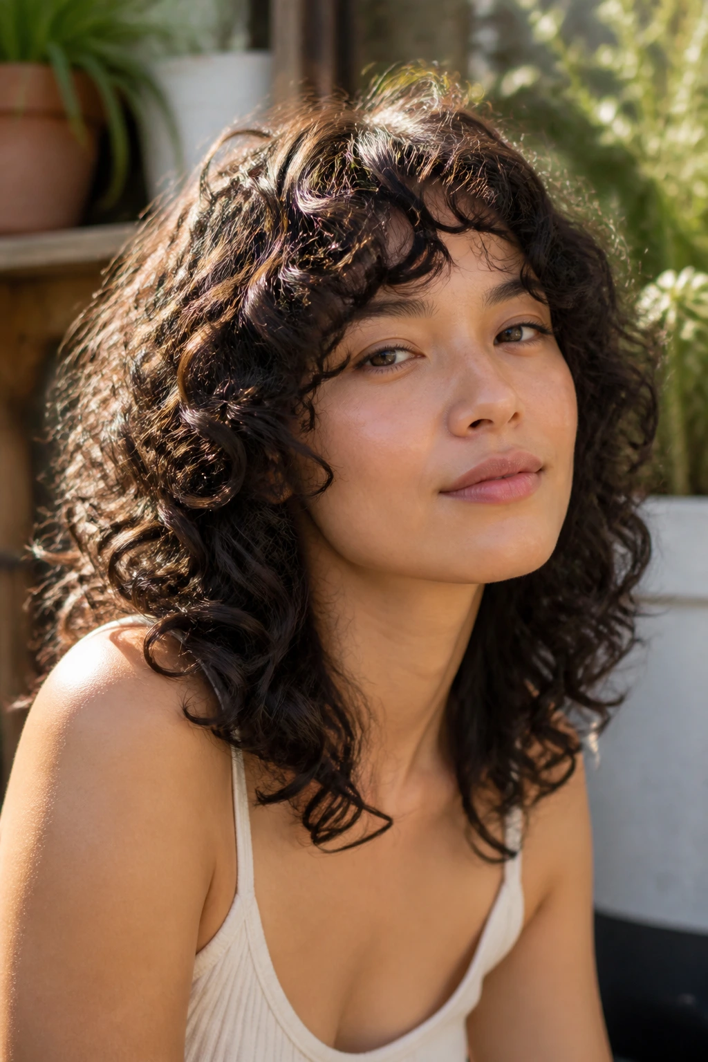 Close-up portrait of a real woman with spiral-friendly layers for 3A ringlets.