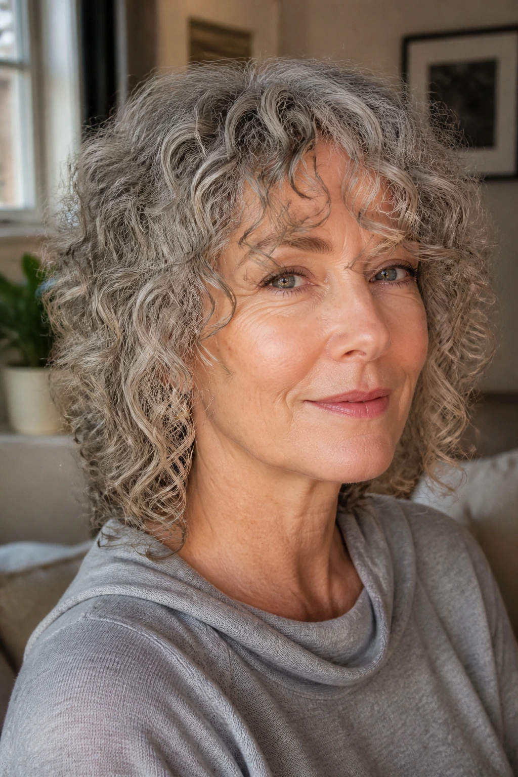 Front-close portrait of an older woman with spiral fringe curling around brows