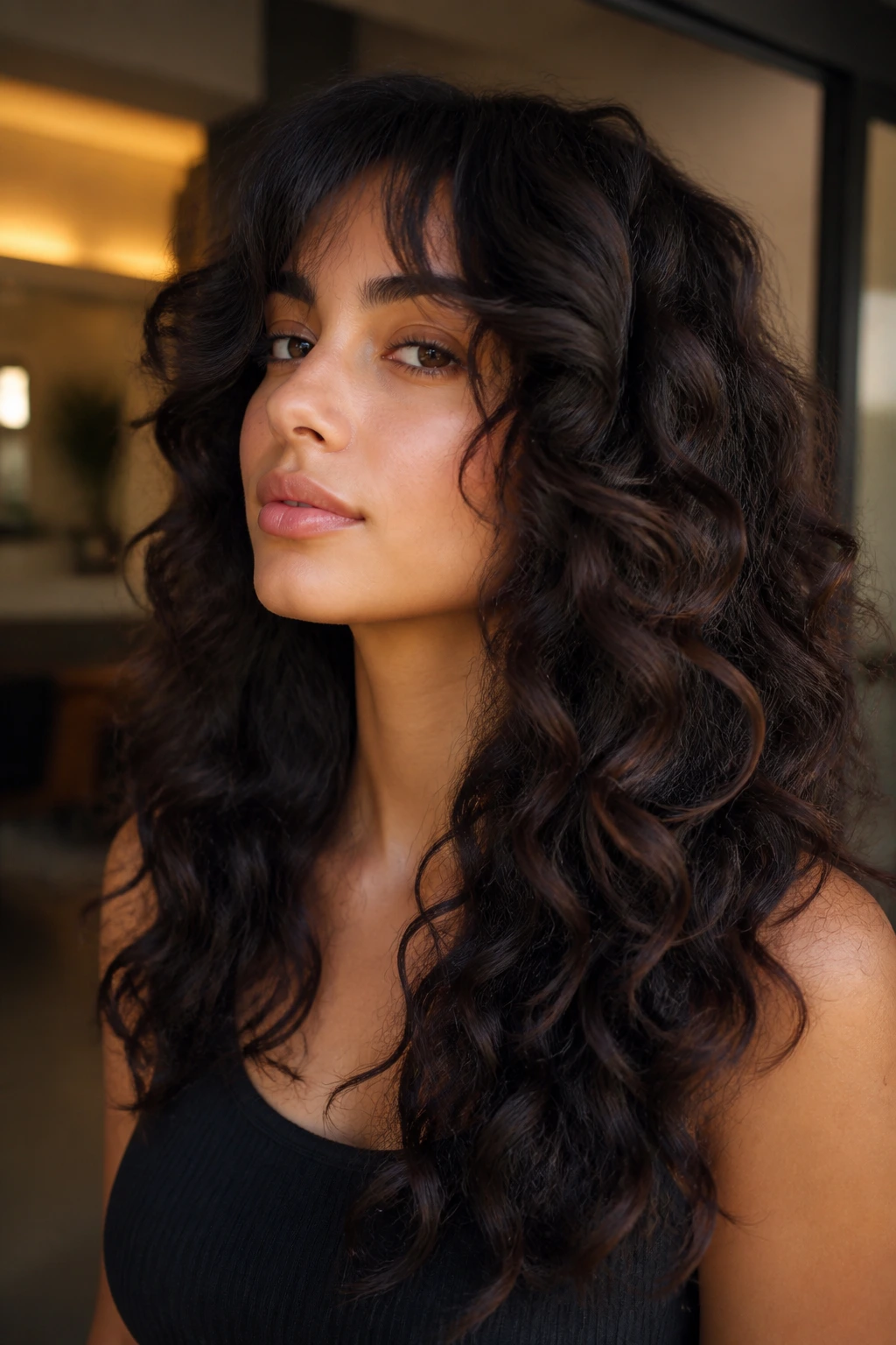 Real woman with cascading spiral layers framing the face and curtain bangs