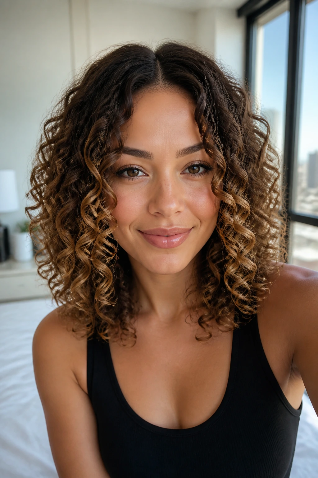 Portrait of a woman with middle-part spiral layers and bronzed ends in natural light