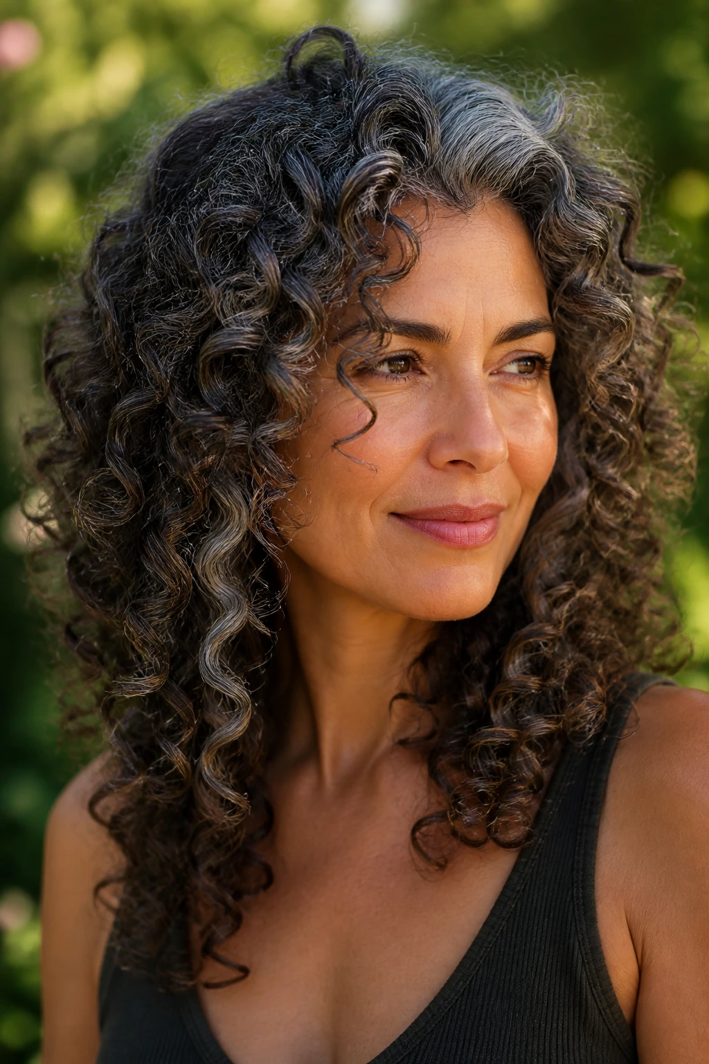 Portrait of a woman with spiral layered curls and grey highlights in a sunny garden.