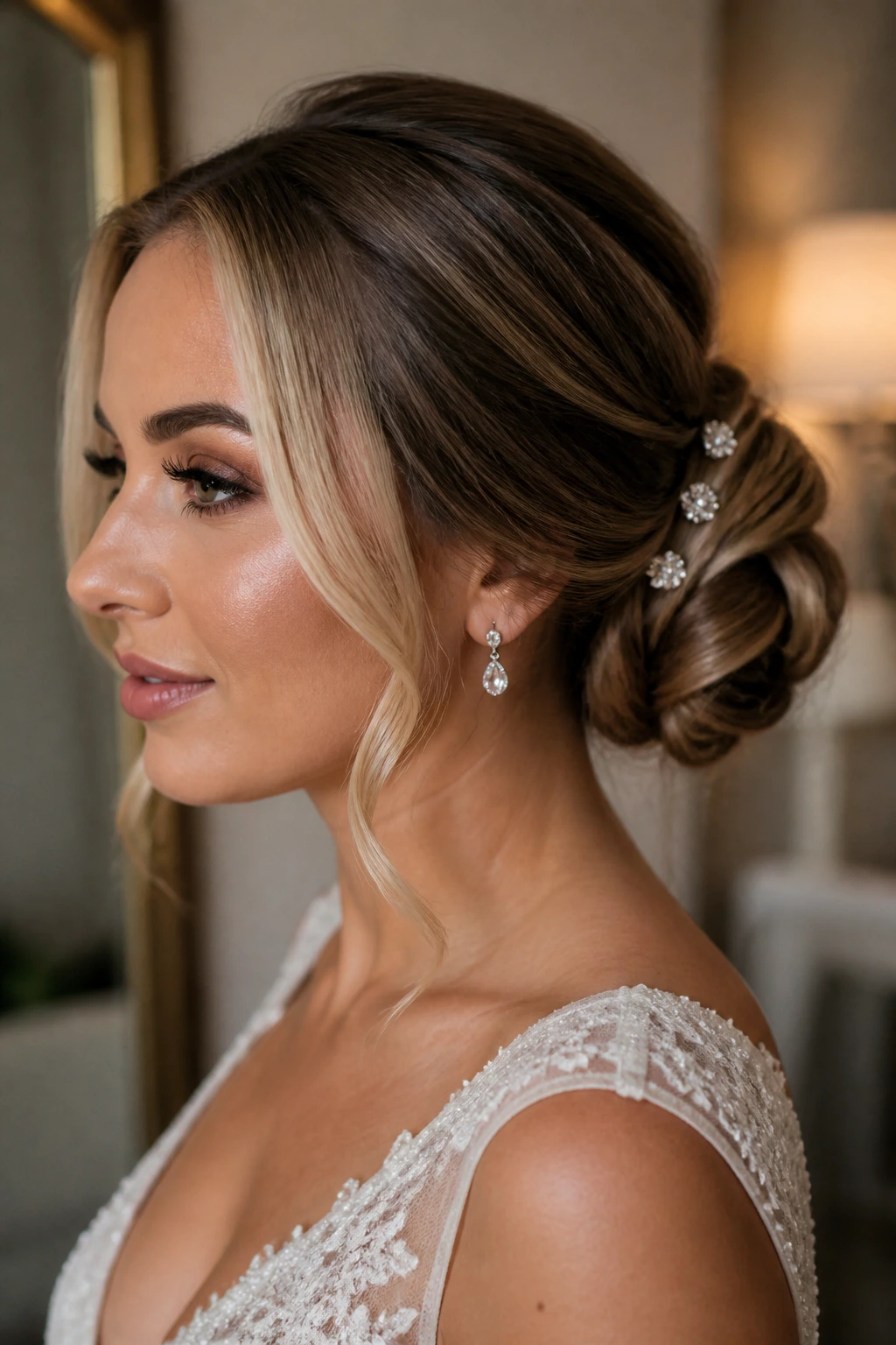 Close-up of a real bride with a spiral low bun and jeweled pins